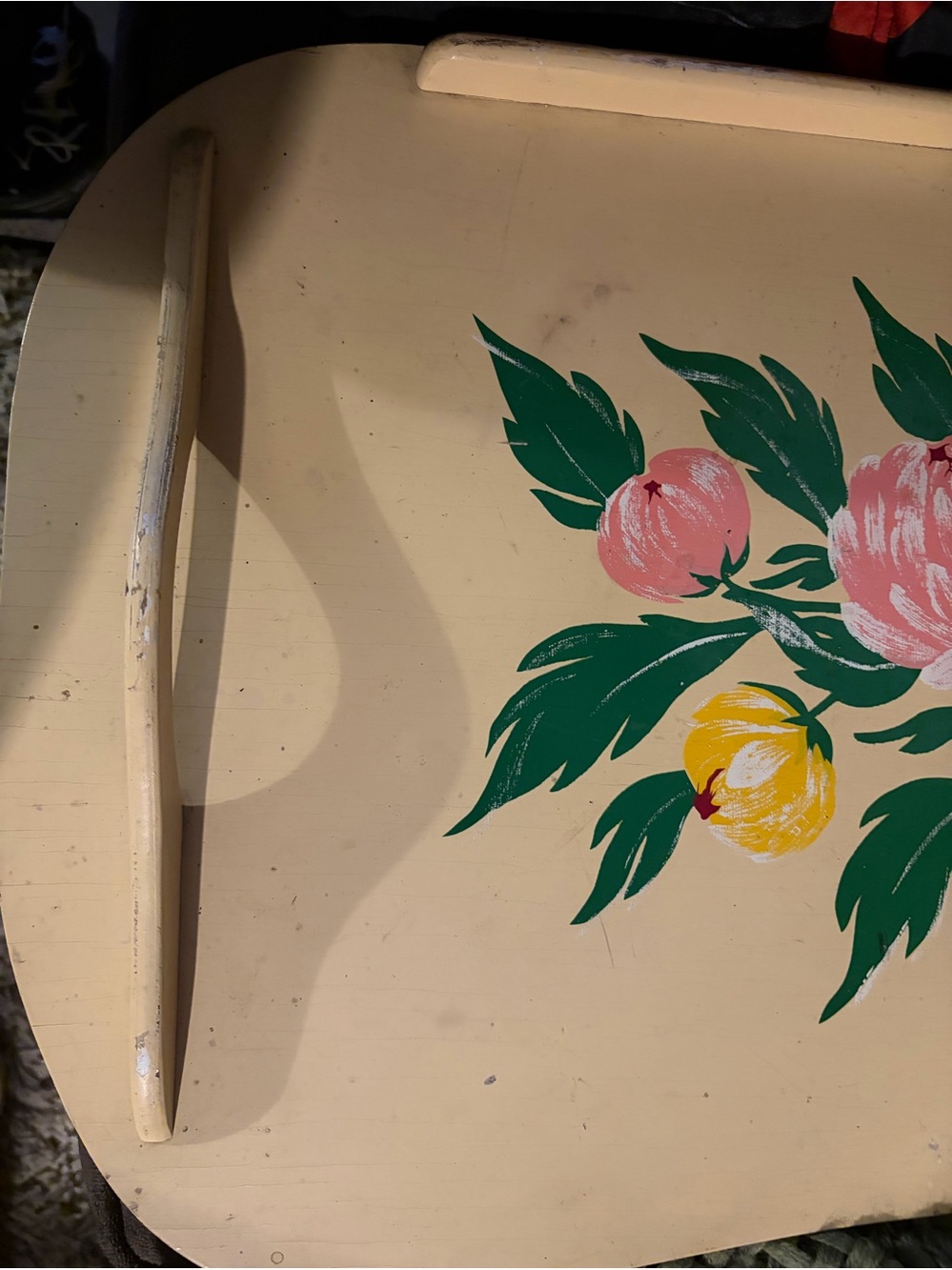 Hand-Painted vintage Floral Accent Tray in Cream with Pink & Yellow Blossoms